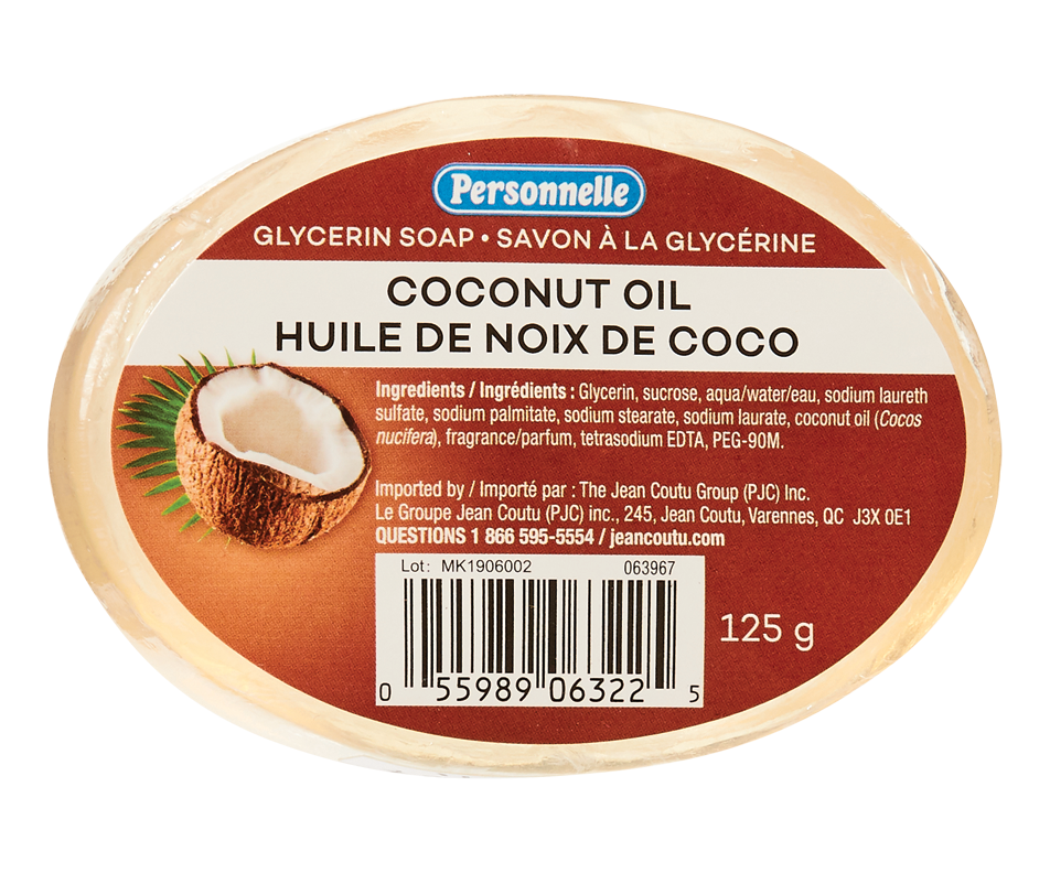 Glycerin Soap, Coconut Oil, 125 g Personnelle Bar soaps Jean Coutu