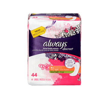 Discreet Incontinence Liners, Very Light Absorbency, Long Length, 44 units  – Always : Incontinence