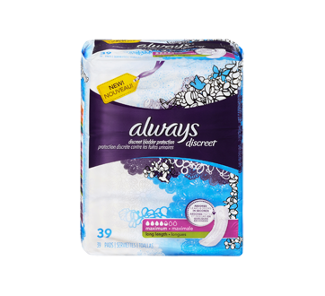 Discreet Incontinence Pads, Maximum Absorbency, Long Length, 39 units –  Always : Incontinence