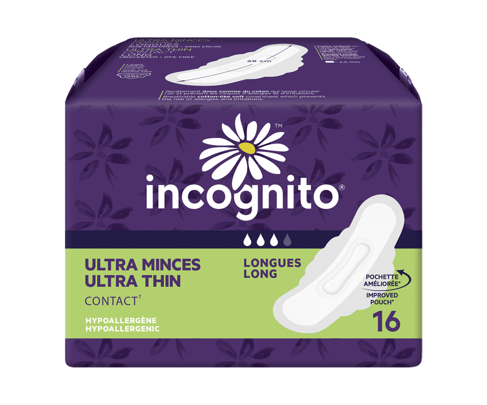 Contact Ultra Thin Pads with Tabs, 16 units, Long Incognito Pads