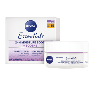 Image 3 of product Nivea - Essentials 24H Moisture Boost + Soothe Day Cream with SPF 15, 50 ml, Sensitive Skin