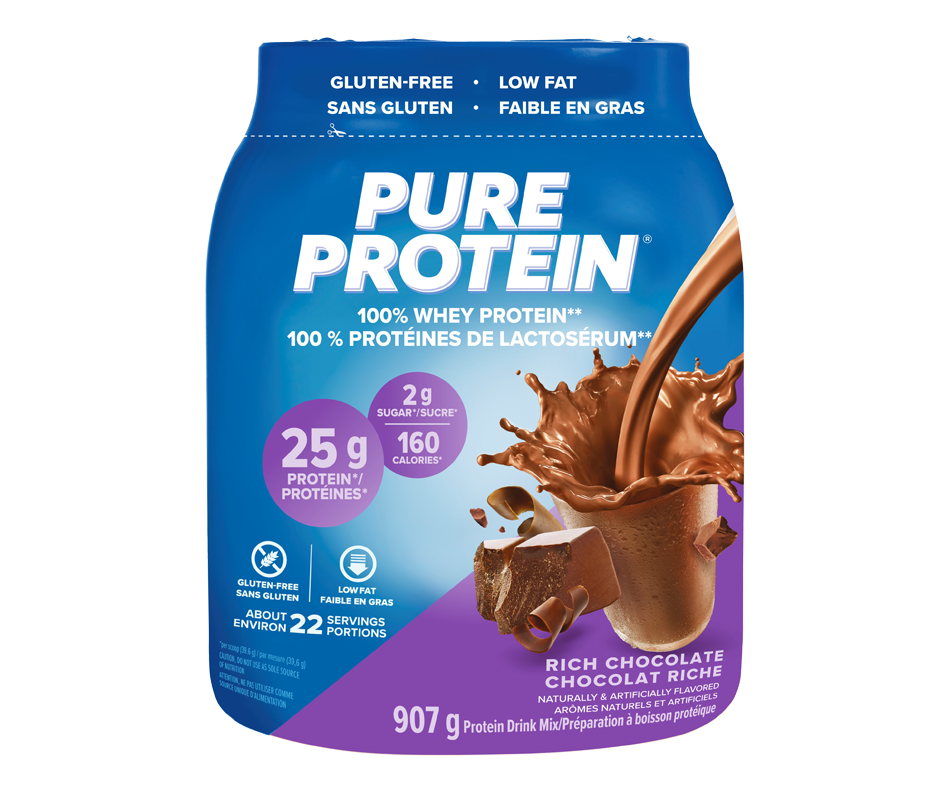 100 Whey Protein Powder, Chocolate, 907 g Pure Protein Nutritional Sport Jean Coutu