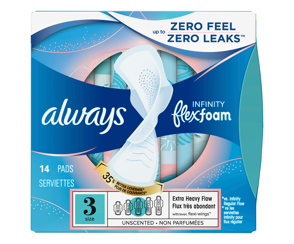 Infinity Extra Heavy Flow Pads with Wings, Size 3, Unscented, 14 units Always Pads and cup