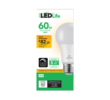 LED Bulb 60W A19, 1 unit, Warm Light