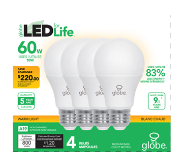 Image of product Globe Electric - LED Bulbs 60W A19, 4 units, Warm Light