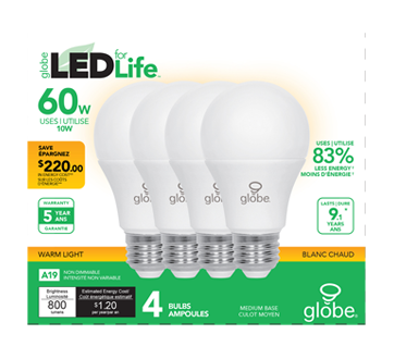 LED Bulbs 60W A19, 4 units, Warm Light