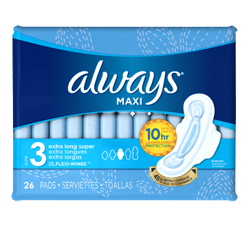 Maxi Pads Extra Long with Wings, Super, Size 3, Unscented, 26