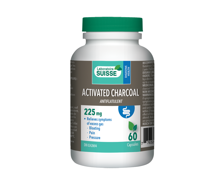 Activated Charcoal 225 mg, 60 units Laboratoire Suisse Manufactured