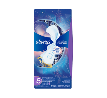 Infinity Size 5 Extra Heavy Overnight Sanitary Pads with Wings, Unscented,  22 units – Always : Pads and cup