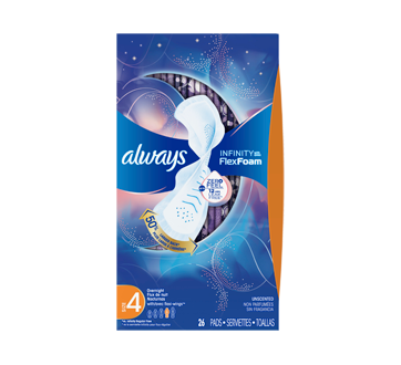 Image of product Always - Infinity Size 4 Overnight Sanitary Pads with Wings, 26 units, Unscented