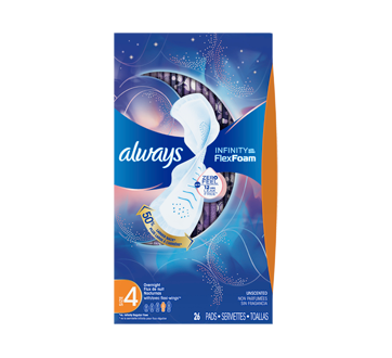 Infinity Size 4 Overnight Sanitary Pads with Wings, 26 units, Unscented