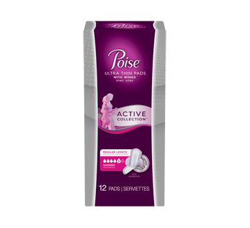 Image of product Poise - Active Collection Incontinence Pads with Wings, Maximum Absorbency, 12 units