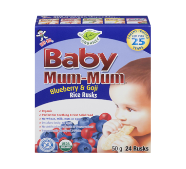 Image of product Want-Want - Hot-Kid Baby Mum-Mum Rice Teething Biscuits, 50 g, Organic Blueberry and Goji