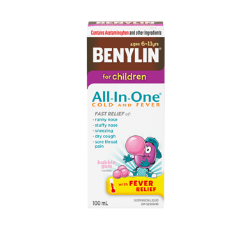 Image of product Benylin - Benylin All-In-One Cold and Fever Suspension Liquid for Children, 100 ml, Bubble Gum