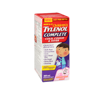 Image 2 of product Tylenol - Tylenol Complete Cold, Cough & Fever Children's Suspension Liquid, 100 ml, Bubble Gum