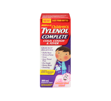Image 3 of product Tylenol - Tylenol Complete Cold, Cough & Fever Children's Suspension Liquid, 100 ml, Bubble Gum