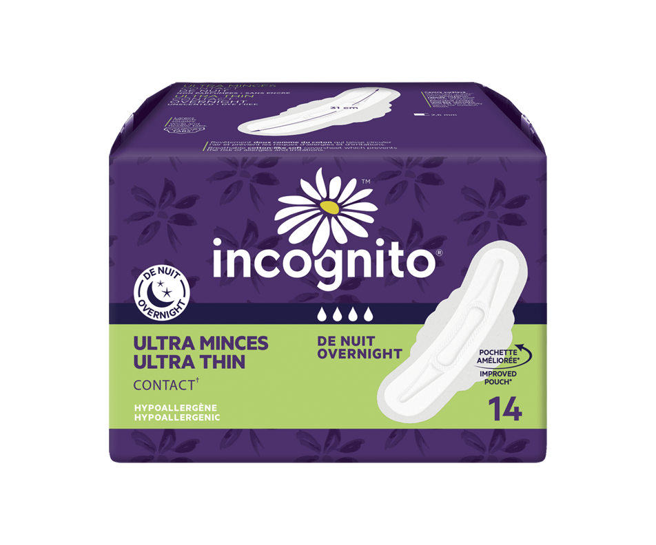 Contact Ultra Thin Pads with Tabs, 14 units, Overnight Incognito