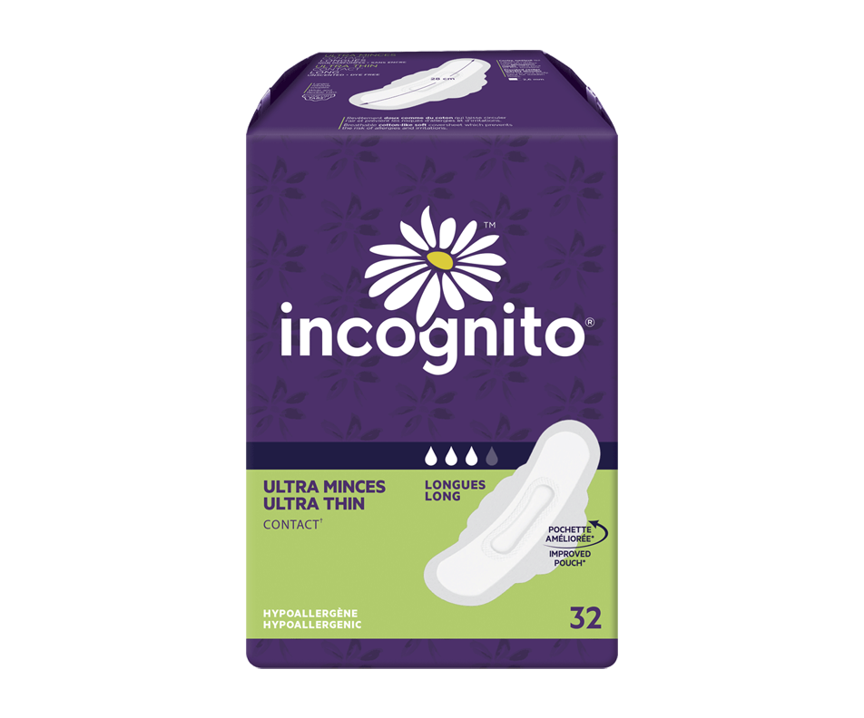 Contact Ultra Thin Pads with Tabs, 32 units, Long Incognito Pads