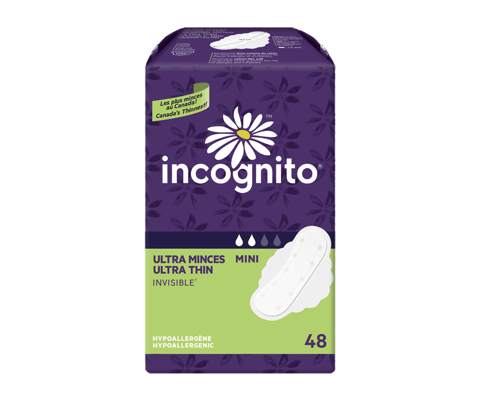Mini Ultra Thin Pads with Tabs, 48 unités Incognito Pads and cup