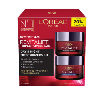 Image 2 of product L'Oréal Paris - Revitalift Triple Power LZR Anti-Aging Day & Night Moisturizers with Pro-Retinol, Vitamin C + Hyaluronic Acid, 2 x 50 ml