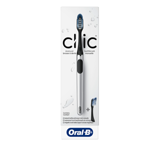 Oral-B Clic Manual Toothbrush with 2 Replaceable Brush Heads and Magnetic Holder, 3 units, Chrome Black