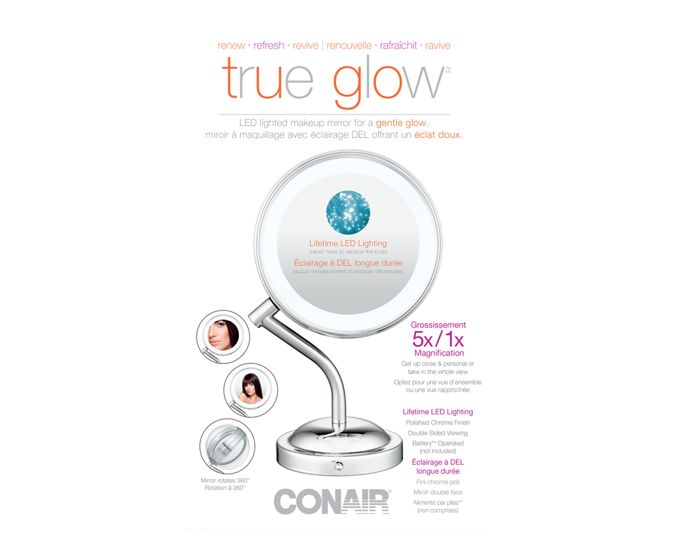 True Glow LED Light Makeup Mirror For a Gentle Glow, 1 unit Conair