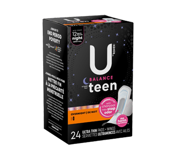 Image 2 of product U by Kotex - Balance Ultra Thin Overnight Pads with Wings Sized for Teens, 24 units