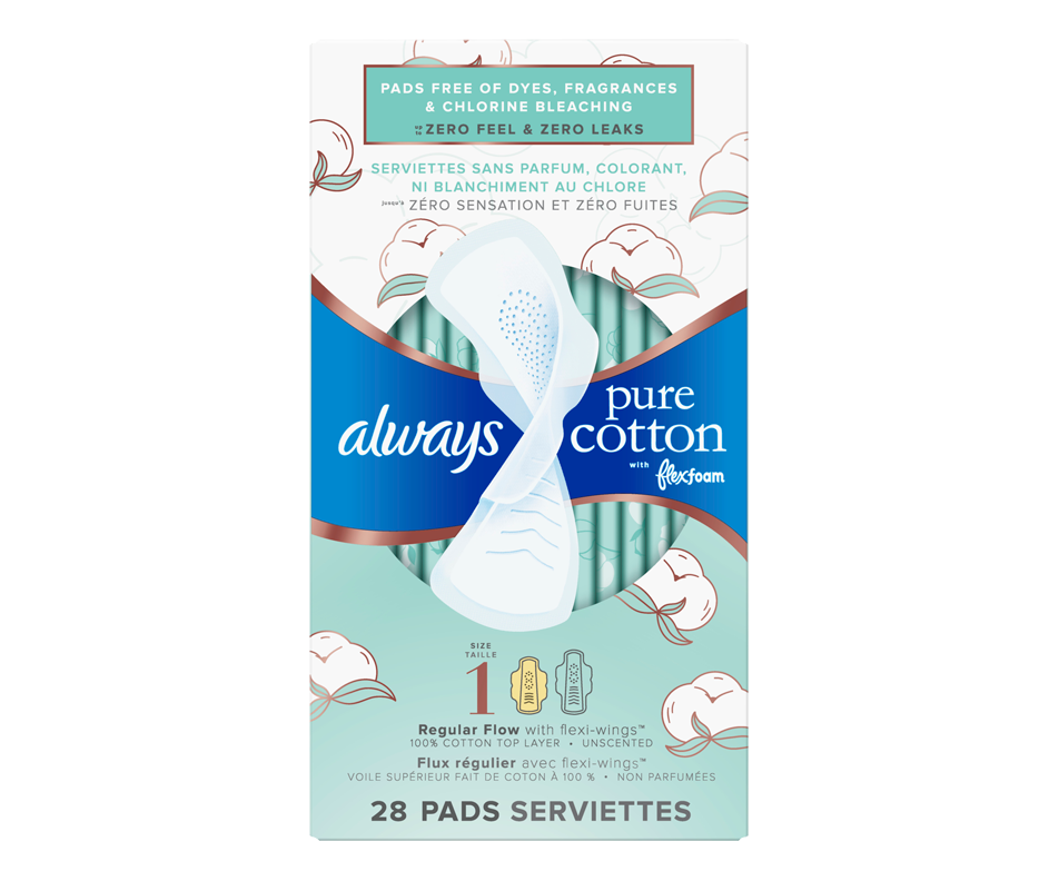Pure Cotton with FlexFoam Pads, Regular, Size 1, 28 units Always