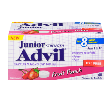 Image of product Advil - Advil Junior Ibuprofen Chewable Tablets USP at 100 mg, 40 units, Fruits Punch