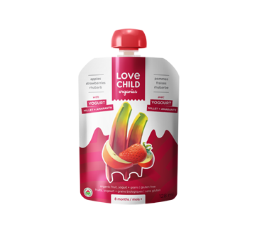 Image of product Love Child Organic - Organic Puree with Yogurt for Children, 128 ml, Apples-Strawberries-Rhubarb