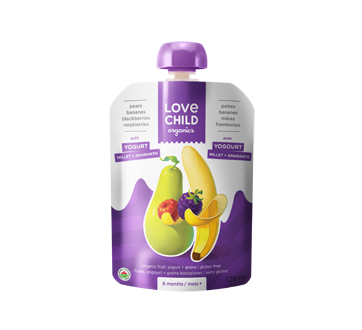 Organic Puree with Yogurt for Children, 128 ml, Bananas-Pears-Blackberries-Raspberries