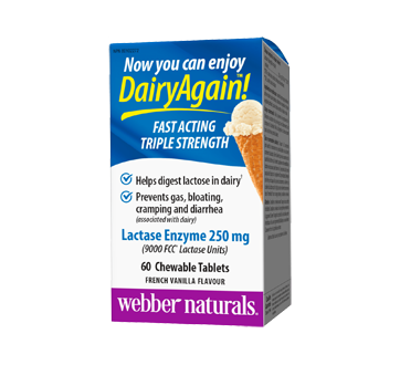 Image of product Webber Naturals - Dairy Again! Lactase Enzyme 250 mg French Vanilla Chewable Tablets, 60 unités