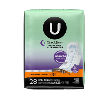 Image 6 of product U by Kotex - Clean & Secure Ultra Thin Overnight Pads with Wings, 28 units