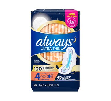 Image of product Always - Ultra Thin Pads Size 4 Overnight Absorbency Unscented with Wings, 26 units