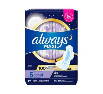 Maxi Pads Size 5 Overnight Absorbency Unscented with Wings, 27 units