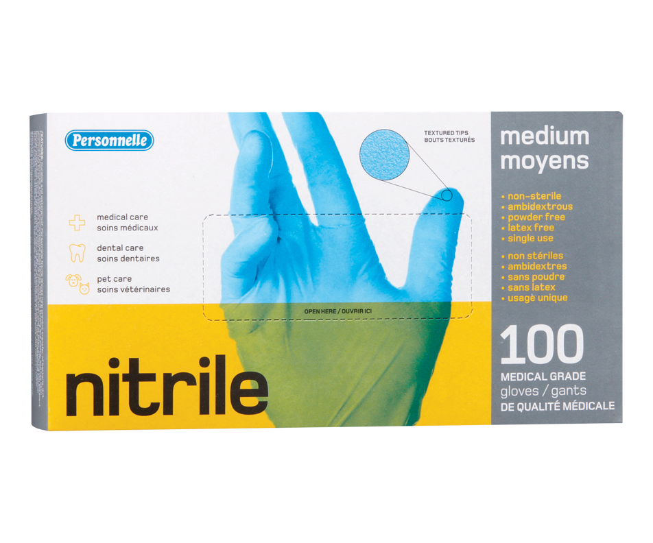 Nitrile Medical Grade Gloves with Textured Tips, Medium, 100 units Personnelle Various