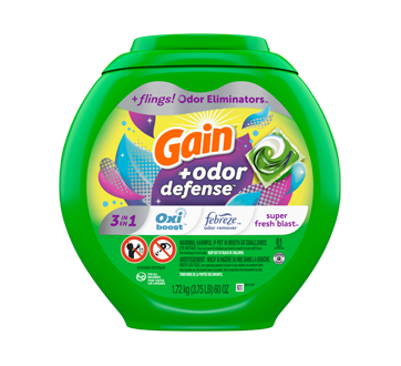 Flings Odor Defense Detergent Pacs, 81 units, Super Fresh Blast