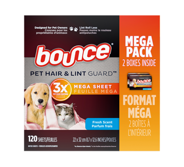 Pet Hair and Lint Guard Mega Dryer Sheets with Pet Hair Fighters, Fresh Scent, 120 units