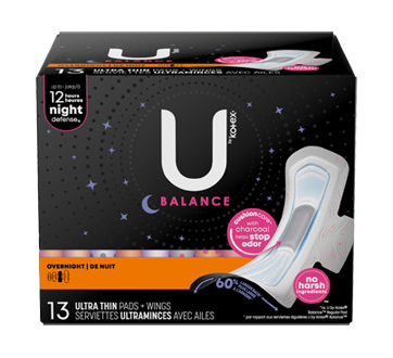 Balance Ultra Thin Overnight Pads with Wings, 13 units – U by Kotex : Pads  and cup