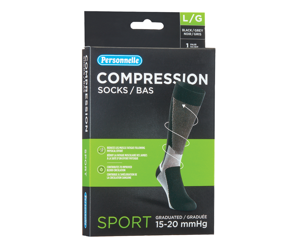 Compression Socks, Large Black & Grey, 1 unit Personnelle Support