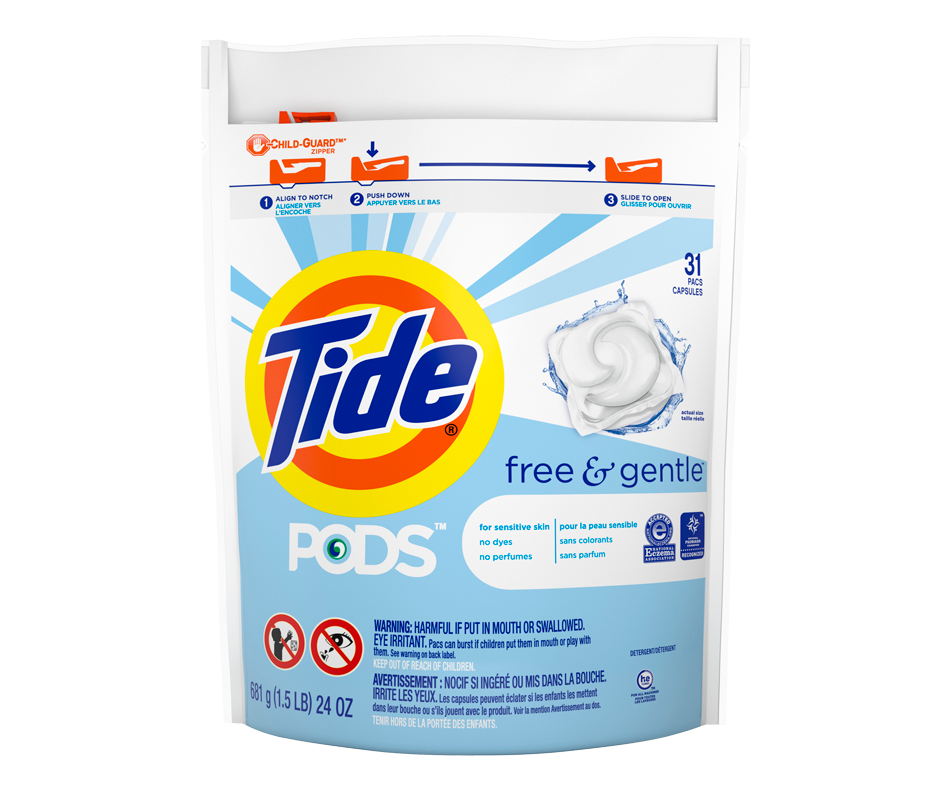 Pods Free & Gentle Liquid Laundry Detergent Pacs, 31 units Tide Detergent Jean Coutu