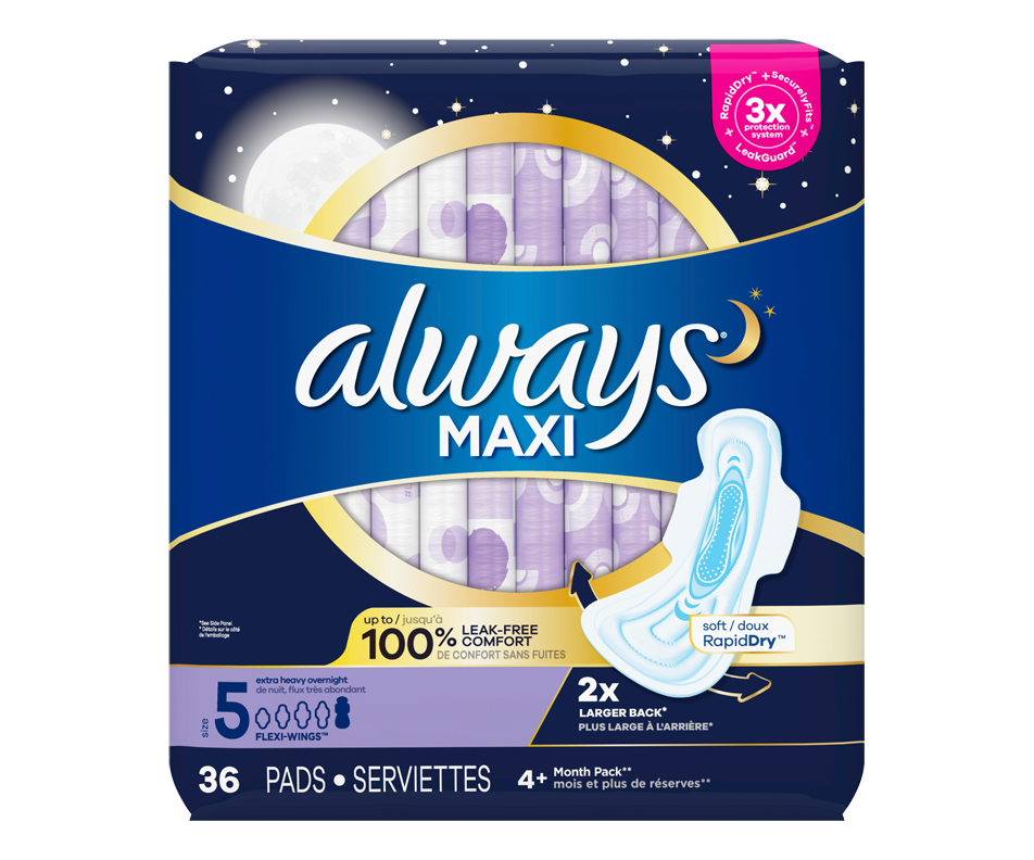 Maxi Overnight Pads with Wings, Size 5, 36 units Always Pads and