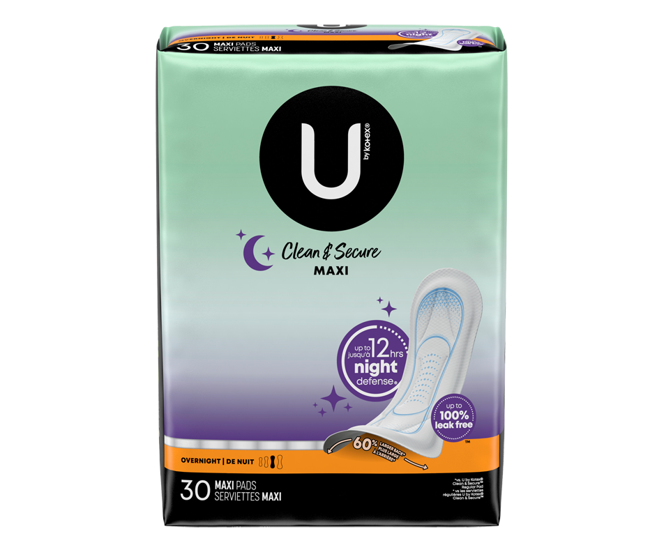 Clean & Secure Overnight Maxi Pads, 30 units U by Kotex Pads and