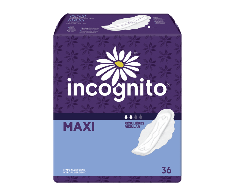 Maxi Pads with Tabs, 36 units, Regular Incognito Pads and cup