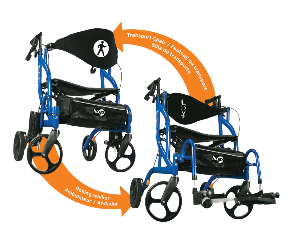 SideFolding Rolling Walker & Transport Chair, 1 unit, Blue Hugo