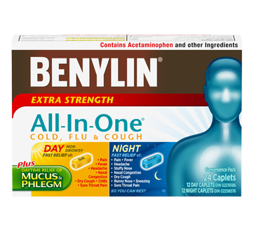 Image of product Benylin - Benylin All-In-One Cold and Flu Extra Strength Day/Night Formula, 24 units