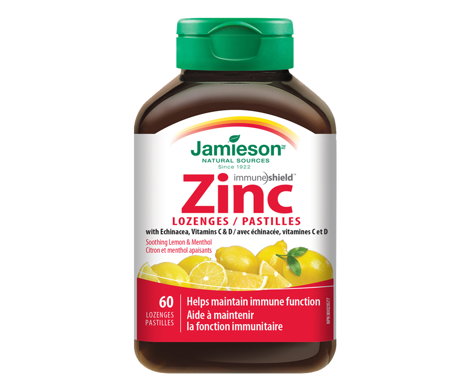Zinc Lozenges with Echinacea, Vitamins C & D, Soothing Lemon & Menthol, 60 units Jamieson