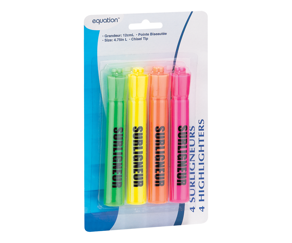 Highlighters, 4 units Equation Writing instruments Jean Coutu