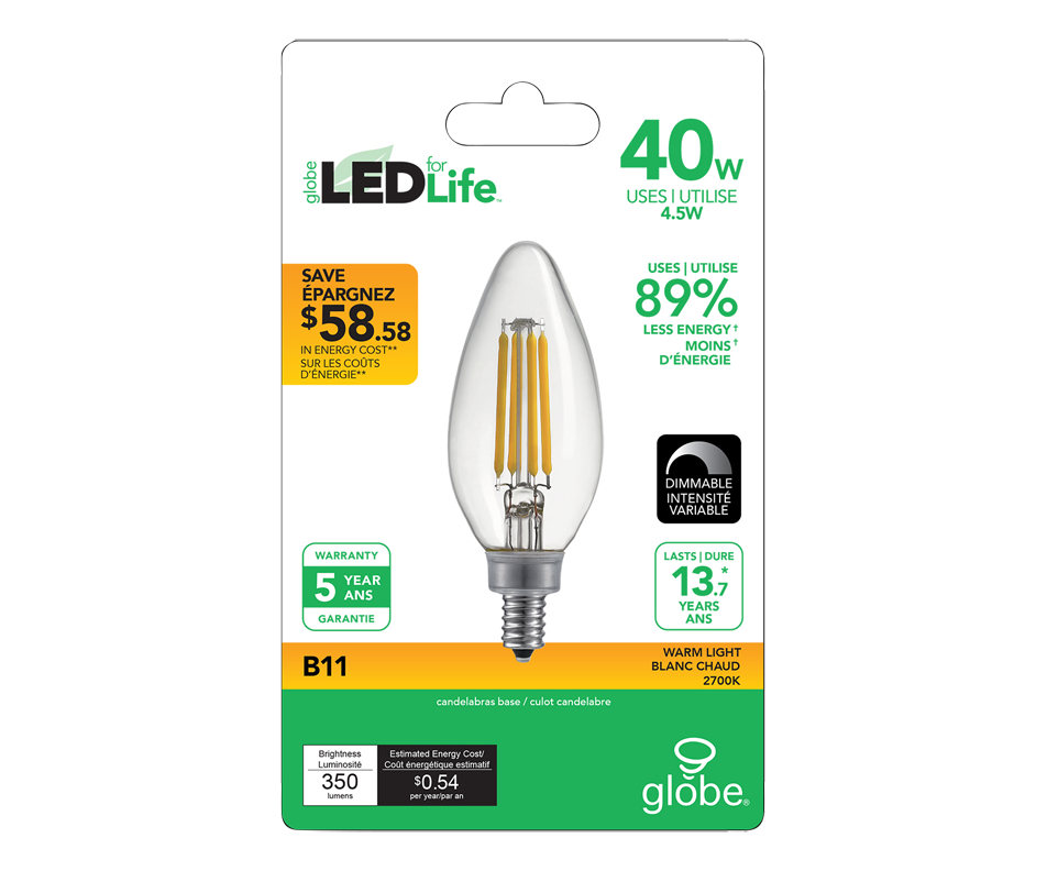 Globe ampoule DEL 40W E12, 1 unité, blanc chaud Globe Electric