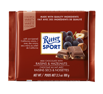 Chocolat au lait avec raisins secs et noisettes, 100 g
